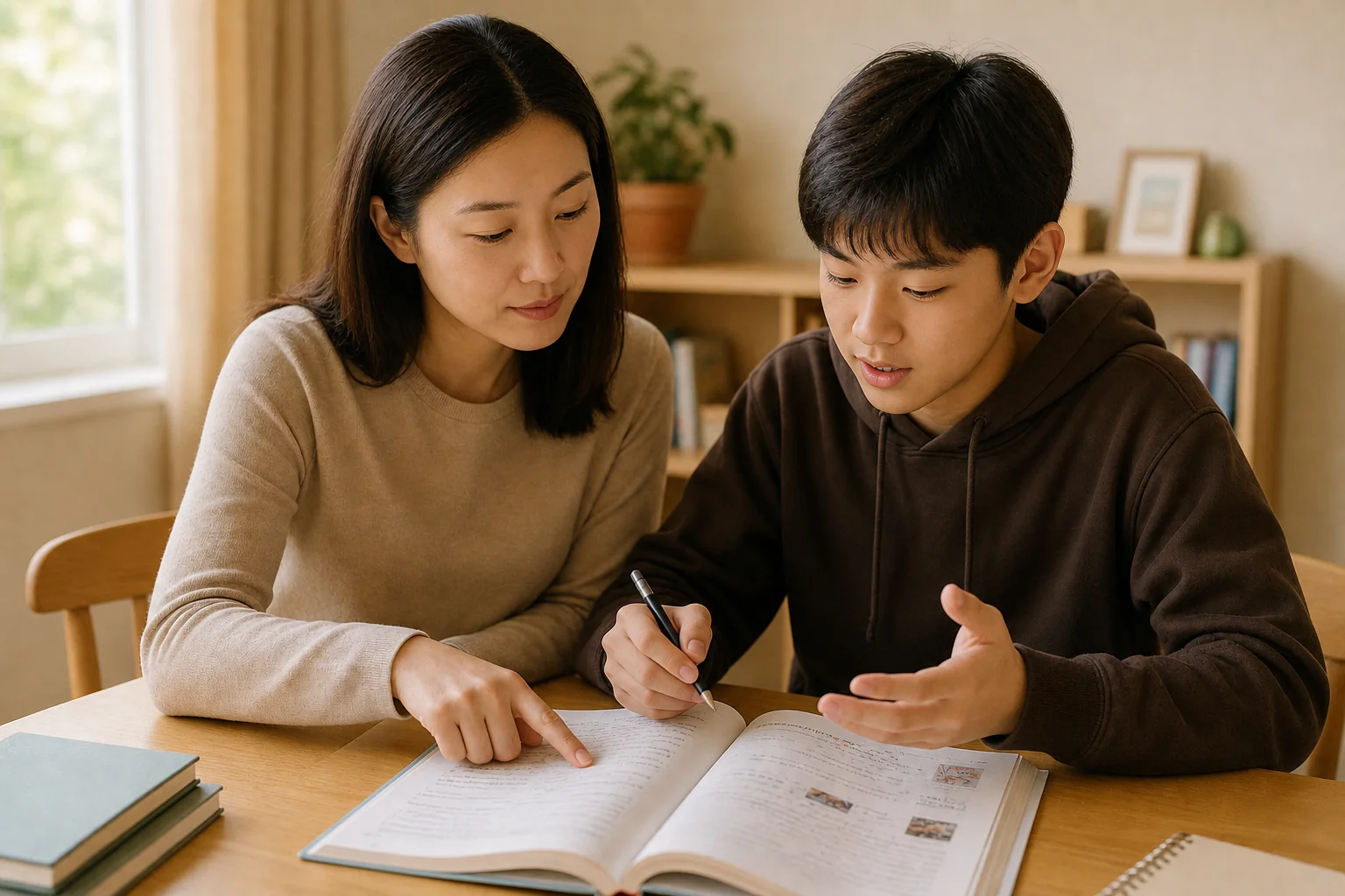 중학생이 선생님과 영어 지문을 읽으며 문장 구조를 확인하는 학습 장면 일러스트