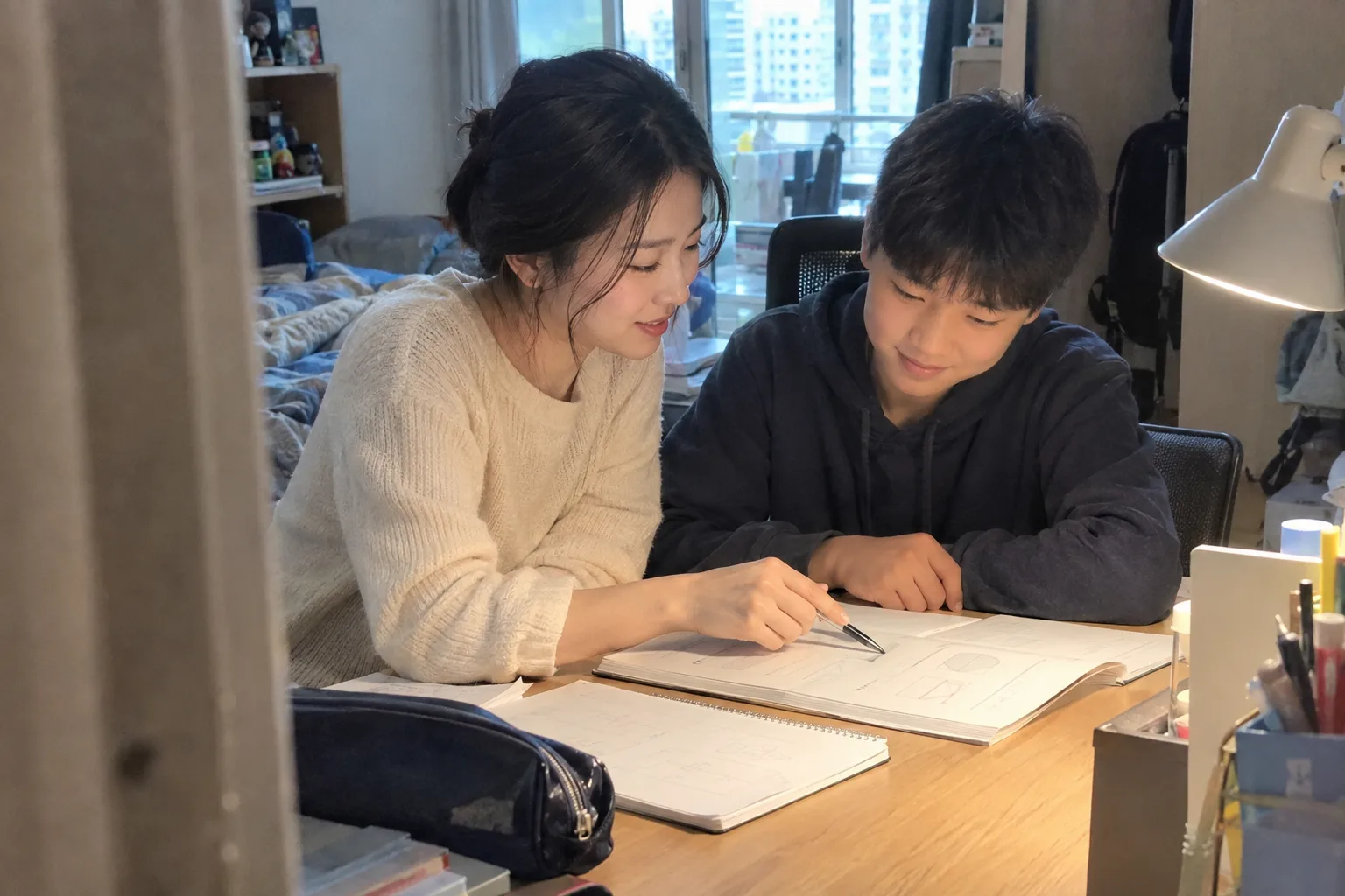 과외 구하는 법 - 과외 선생님이 중학생에게 1:1로 문제 풀이를 설명하는 모습