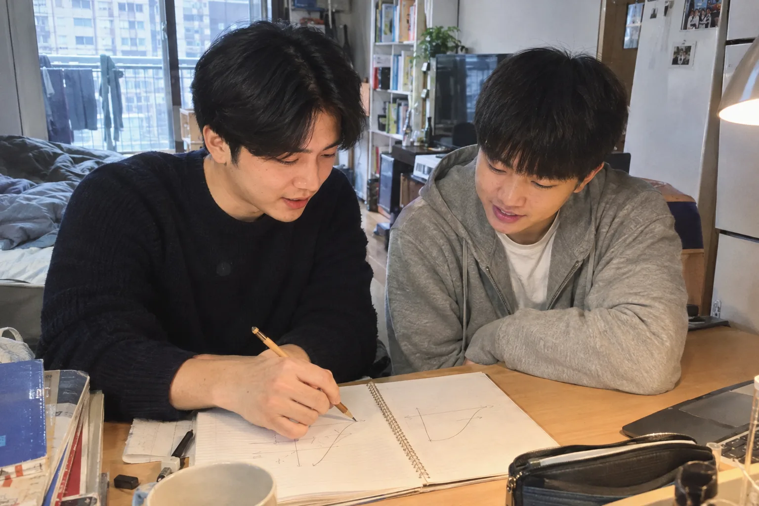수리논술 과외 - 선생님이 고등학생에게 수학 증명 풀이 과정을 설명하는 모습