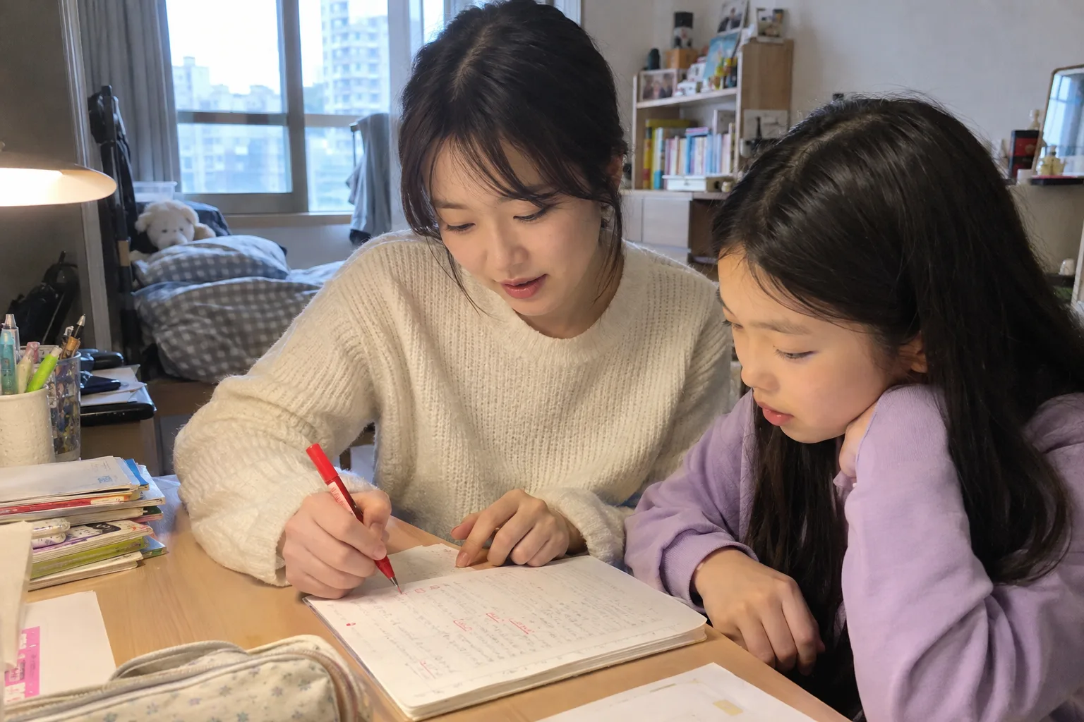 창원 영어과외 - 선생님이 초등학생에게 1:1로 설명하는 모습