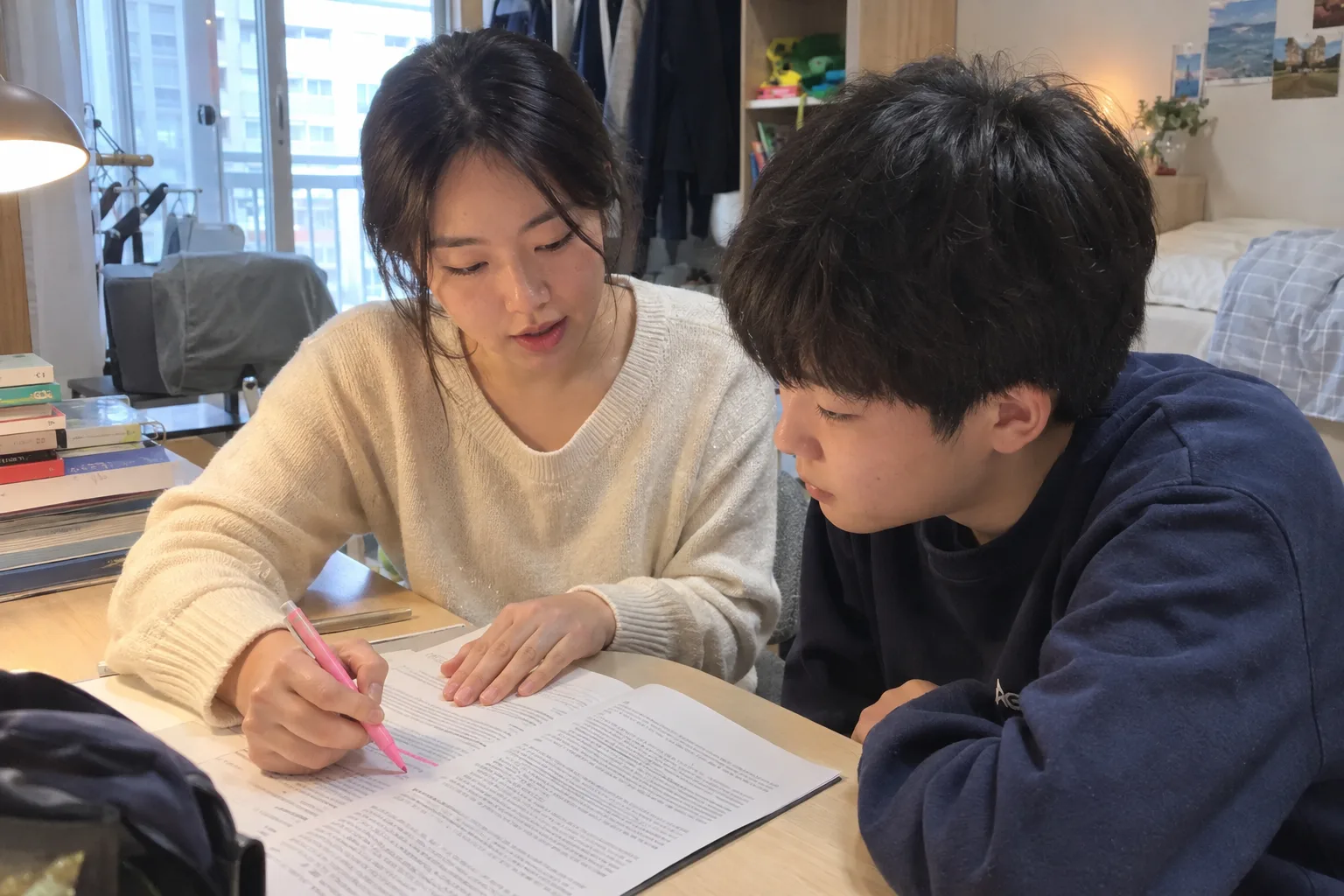 구미 영어과외 - 선생님이 중학생에게 1:1로 설명하는 모습