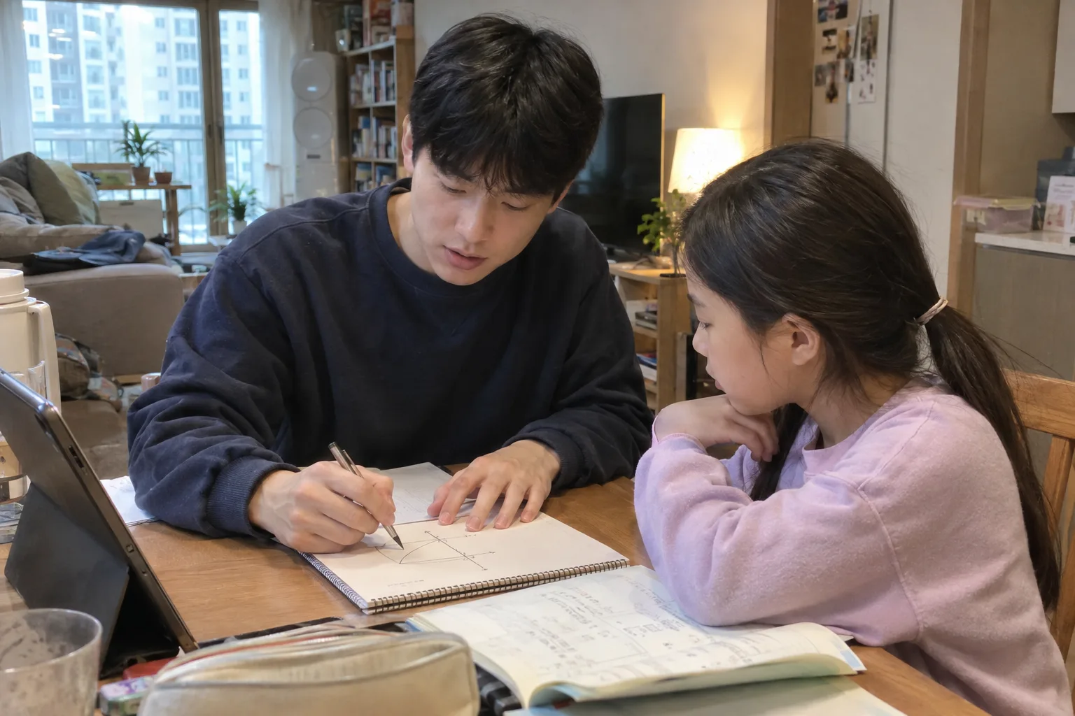 구미 수학과외 - 선생님이 초등학생에게 1:1로 설명하는 모습