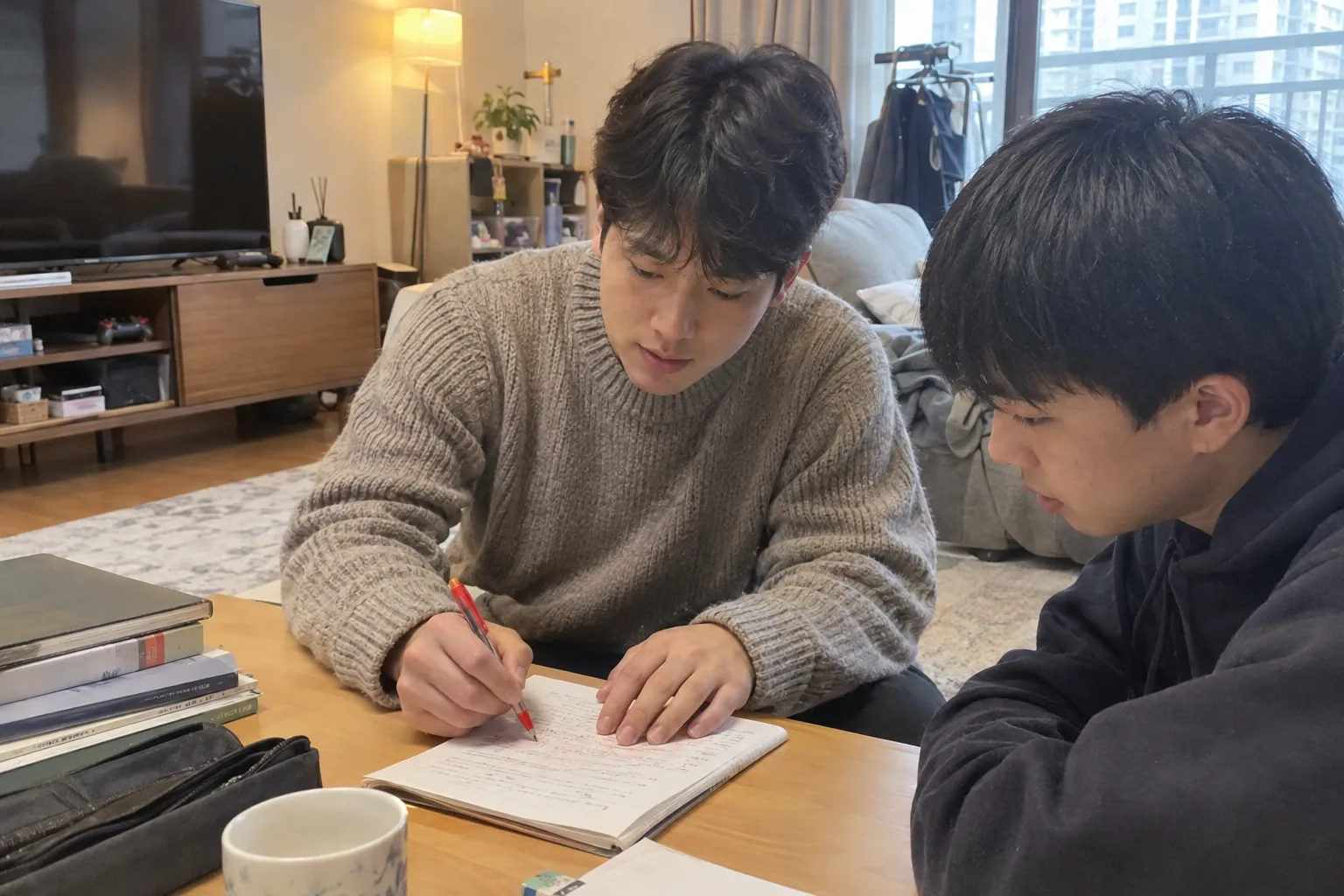 목포 영어과외 - 선생님이 고등학생에게 1:1로 설명하는 모습