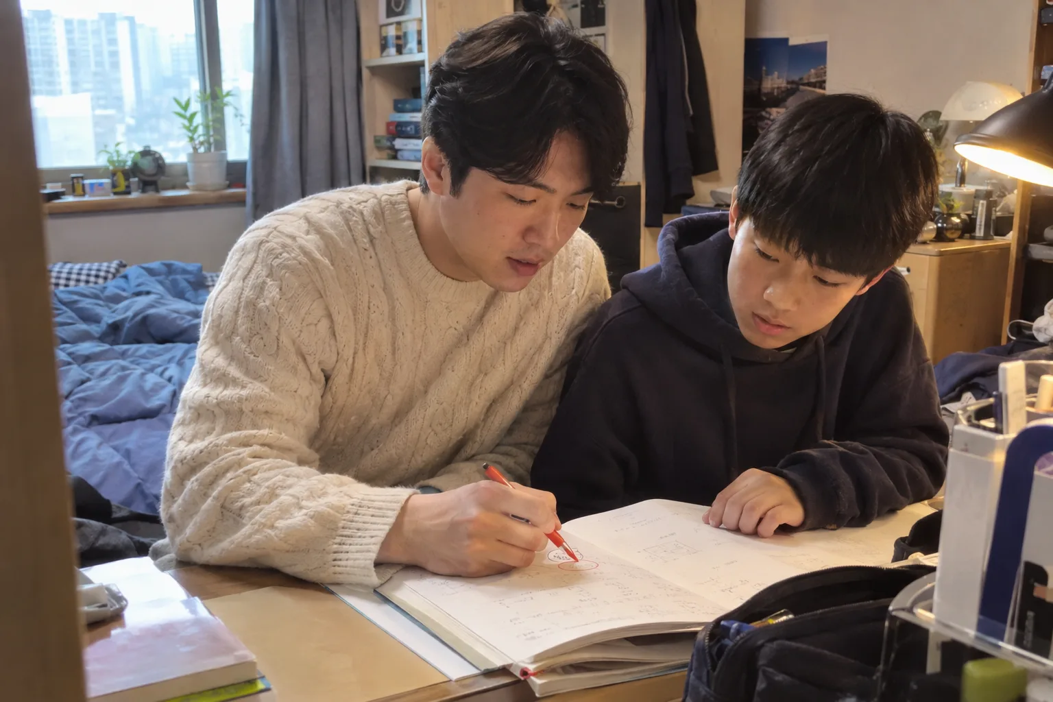 포항 수학과외 - 선생님이 중학생에게 1:1로 설명하는 모습