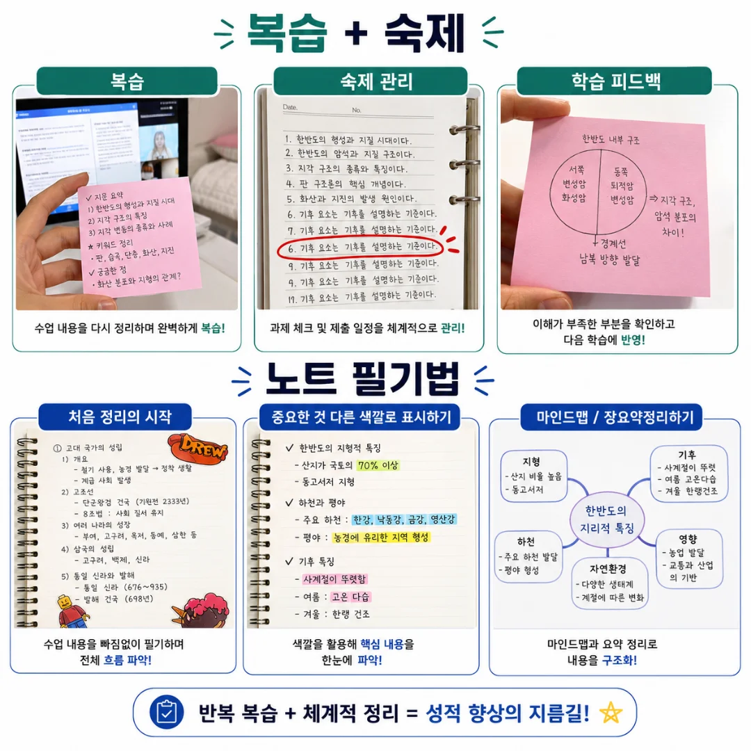 사회 과외 복습·숙제 관리와 노트 필기 예시